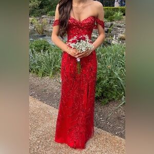 Elegant Red Off-the-Shoulder Sequin Lace Slit Dress with Sheer Corset Bodice